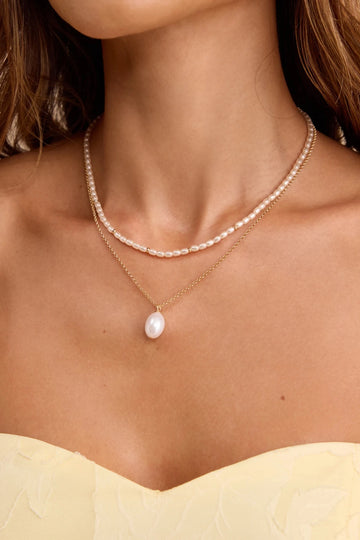 Gold-Tone Double Layer Pearl Necklace with Oval Drop Pendant