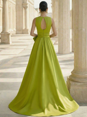 A-Line Formal Evening Dresses Satin V-Neck Elegant Formal Gown With Overskirt