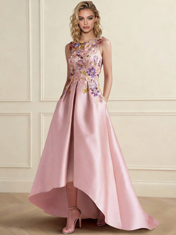 A-Line Boat Neck Sleeveless High Low Floral Embroidery Cocktail Dress Formal Gown with Pocket Embroidery