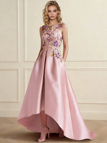 A-Line Boat Neck Sleeveless High Low Floral Embroidery Cocktail Dress Formal Gown with Pocket Embroidery