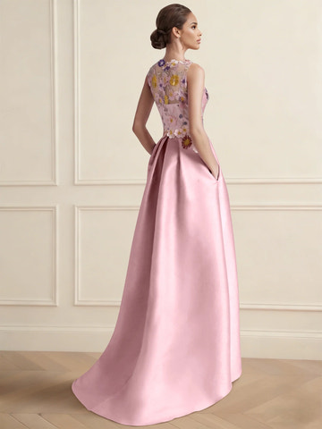 A-Line Boat Neck Sleeveless High Low Floral Embroidery Cocktail Dress Formal Gown with Pocket Embroidery