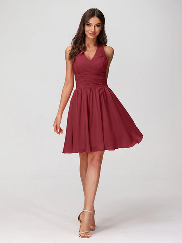 Halter Neck V-Bust Ruched Waist Chiffon A-Line Mini Bridesmaid Dress