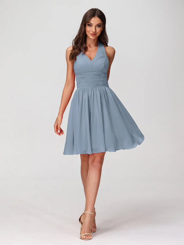 Halter Neck V-Bust Ruched Waist Chiffon A-Line Mini Bridesmaid Dress