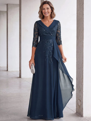 Vedress navy a‑line mother of the bride dress v‑neck lapel collar,3/4 sheer lace sleeves,sequin appliques,waist sash,side draped chiffon
