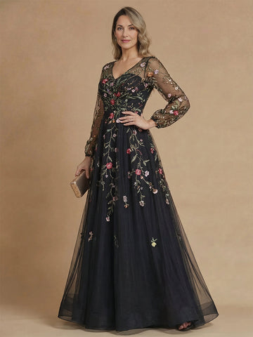 Vedress navy mother of the bride dress,front view v‑neck,sheer illusion long tulle sleeves,multicolor floral embroidery,full a‑line floor skirt,neutral studio background