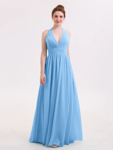 Halter Deep V-Neck Ruched Chiffon A-Line Bridesmaid Maxi Dress