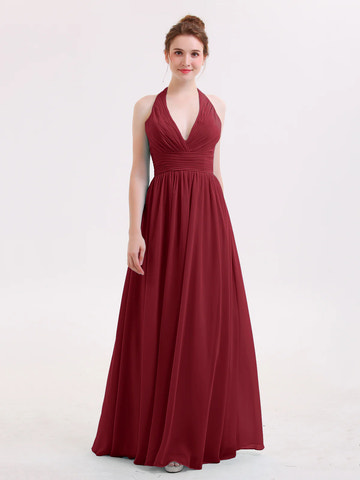 Halter Deep V-Neck Ruched Chiffon A-Line Bridesmaid Maxi Dress