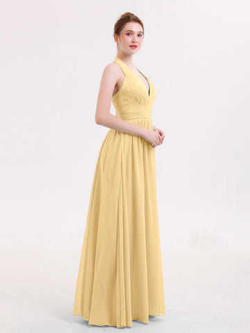 Elegant A-Line Halter Sleeveless Chiffon Pleated Open-Back Bridesmaid Dress