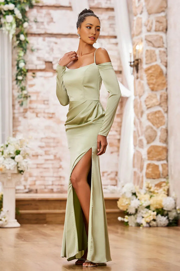 Off-Shoulder Long Sleeve Satin Mermaid Evening Dress Slit Formal Gown
