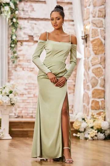 Off-Shoulder Long Sleeve Satin Mermaid Evening Dress Slit Formal Gown