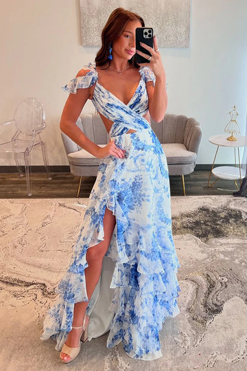 Off-Shoulder Maxi Dress with Ruffles Floral Overlay Cutout Detail Chiffon Prom Dress with Slit