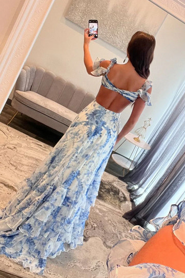 Off-Shoulder Maxi Dress with Ruffles Floral Overlay Cutout Detail Chiffon Prom Dress with Slit