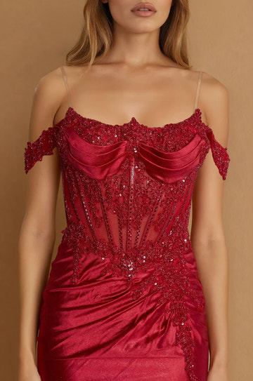 Glamorous Off Shoulder Satin Beaded Corset High Slit Mermaid Gown Prom Dress