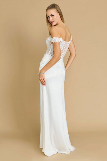 Elegant Off Shoulder Satin Lace Sequin High Slit Mermaid Gown Prom Dress