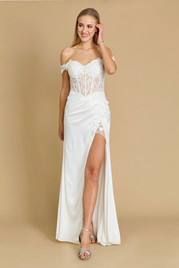 Elegante vestido de fiesta largo de satén con encaje, lentejuelas, hombros descubiertos y abertura alta tipo sirena