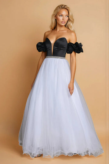 Off Shoulder Satin Tulle Ruffle Puff Sleeve Beaded Ball Gown Prom Dress