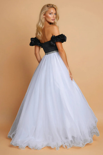 Off Shoulder Satin Tulle Ruffle Puff Sleeve Beaded Ball Gown Prom Dress