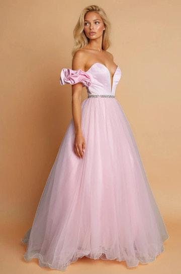 Off Shoulder Satin Tulle Ruffle Puff Sleeve Beaded Ball Gown Prom Dress