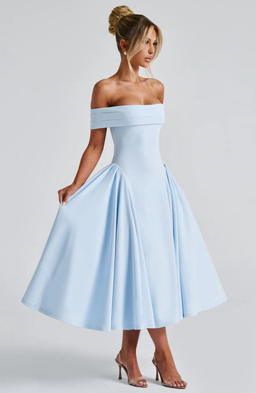 A-line Off Shoulder Midi Flare Formal Cocktail Party Gown Midi Evening Dress