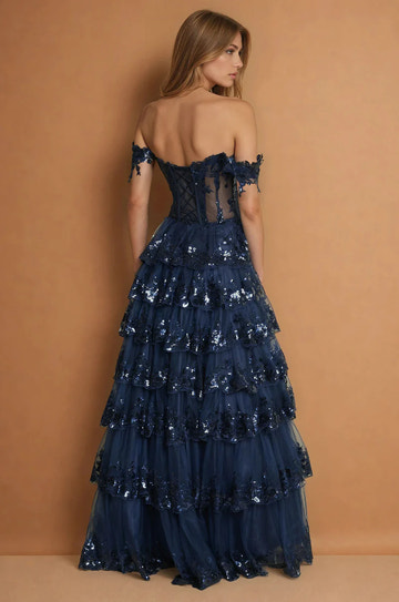 Vestido de fiesta largo de tul con lentejuelas, encaje y volantes, corte A, hombros descubiertos
