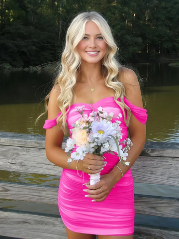 Off Shoulder Twist Neck Mesh Ruched Mini Bodycon Homecoming Dress