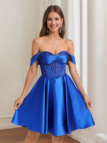 Vestidos cortos de regreso a casa plisados con hombros descubiertos con pedrería y abalorios