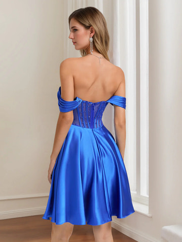 Vestidos cortos de regreso a casa plisados con hombros descubiertos con pedrería y abalorios