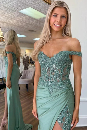 Off-The-Shoulder Sweetheart Beaded Lace Sheer Corset Ruched Satin High Slit Floor Length Prom Evening Gown