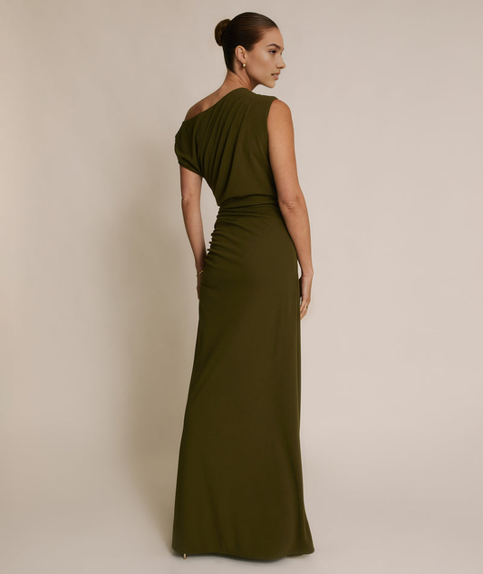 Elegant One-Shoulder Draped Maxi Dress Asymmetric Neck Stretch Fabric Bridesmaid Dress