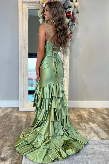 Vestido de Fiesta Largo de Satén Verde Oliva con Tirantes Finos y Abertura Alta