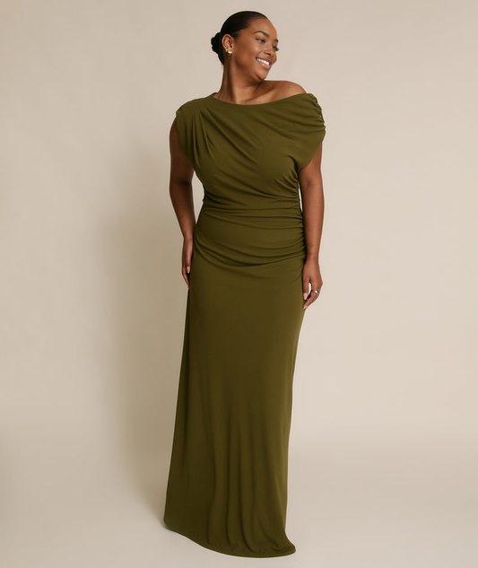 Elegant One-Shoulder Draped Maxi Dress Asymmetric Neck Stretch Fabric Bridesmaid Dress