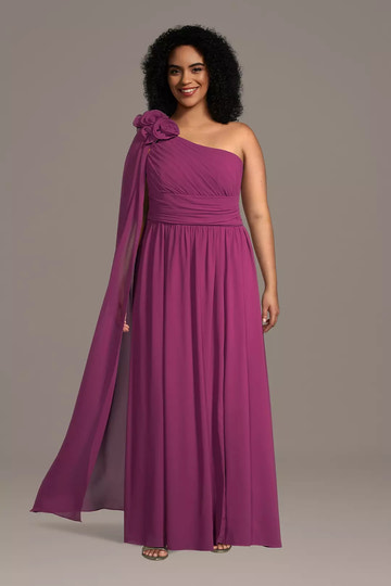 One-Shoulder Ruffle Waist Floral Streamer Chiffon Gown Floor Length Mother of the Bride Dress