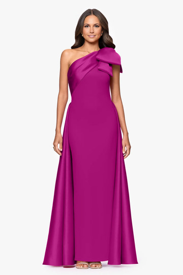 Asymmetrical One-Shoulder Crepe With Bow High Slit Formal Gown Mother of the Bride Dress