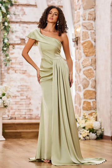 One Shoulder Draped Satin Mermaid Slit Formal Gown With Train
