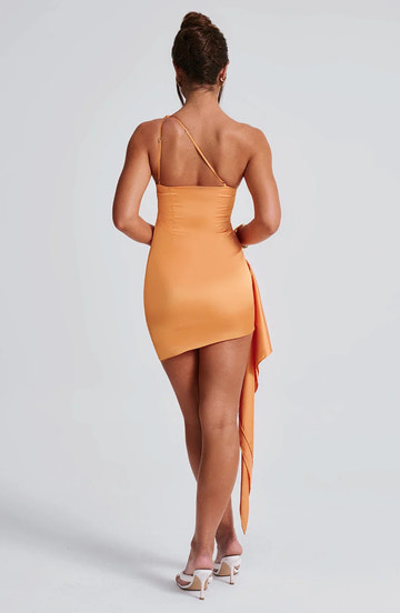 Elegant Contoured One-Shoulder Satin Draped Mini Cocktail Evening Dress