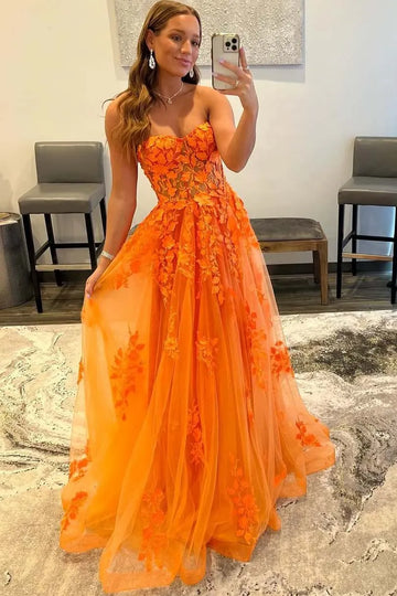 Orange Tulle A-Line Sweetheart Strapless Backless Maxi Prom Gown