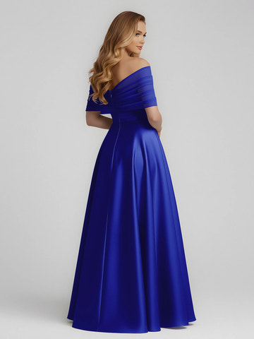 Back view of royal blue satin bridesmaid dress with off-shoulder draped sleeves, concealed zipper, clean back, and floor-length A-line skirt by Vedress