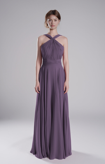 Romantic A-Line Halter Neck Sleeveless Open Back Floor-Length Chiffon Bridesmaid Gown Wedding Guest Dresses