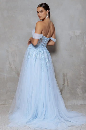 Romantic A-Line Sweetheart Off-Shoulder Short Sleeve Tulle Floral Applique Evening Dress