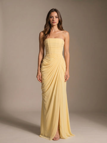 Vedress pale yellow bridesmaid dress,front view strapless neckline,ruched draped chiffon,high front slit,mermaid floor‑length silhouette,studio plain background