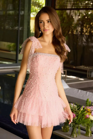 Pearl Embellished Tulle A-line Bow-Strap Tiered Ruffled Homecoming Dress Mini Party Dress