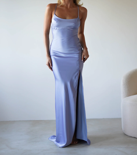 Women's Mermaid Satin Spaghetti Strap Maxi Party Wedding Guest Dresses Bridesmaid Dresses with High Slit