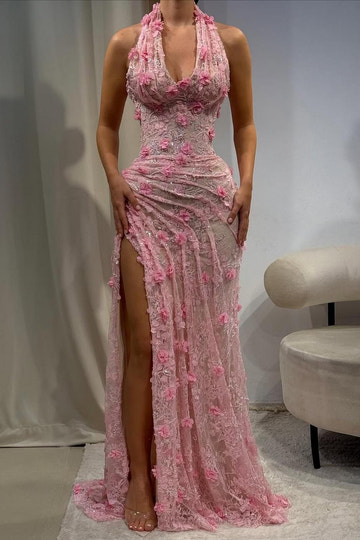 Mermaid 3D Floral Lace Halter Maxi Dress with High Slit Formal Evening Gown Prom Dress with Appliques
