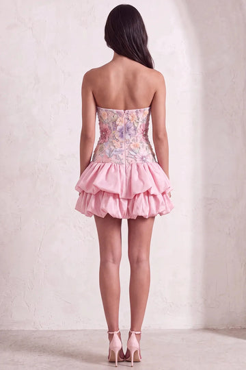 Vedress pink strapless homecoming dress, 3D floral beaded bodice, sleeveless open‑back, tiered bubble short skirt cocktail party gown