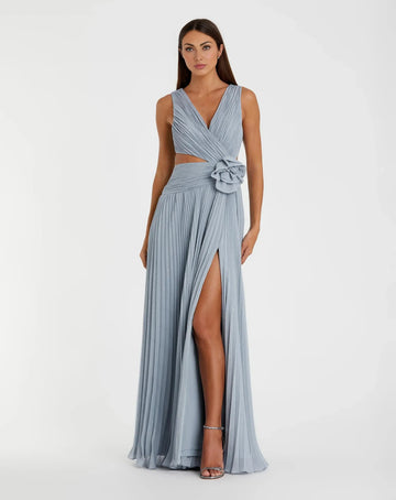Vestido de invitada de boda plisado con cuello en V, sin mangas, con aberturas y corte en A con aberturas altas