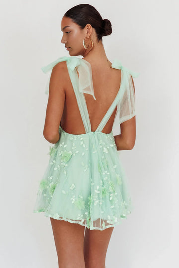 Cute A-line Plunge Neck Tulle Strap Mini Party Dress With 3D Floral Appliqué
