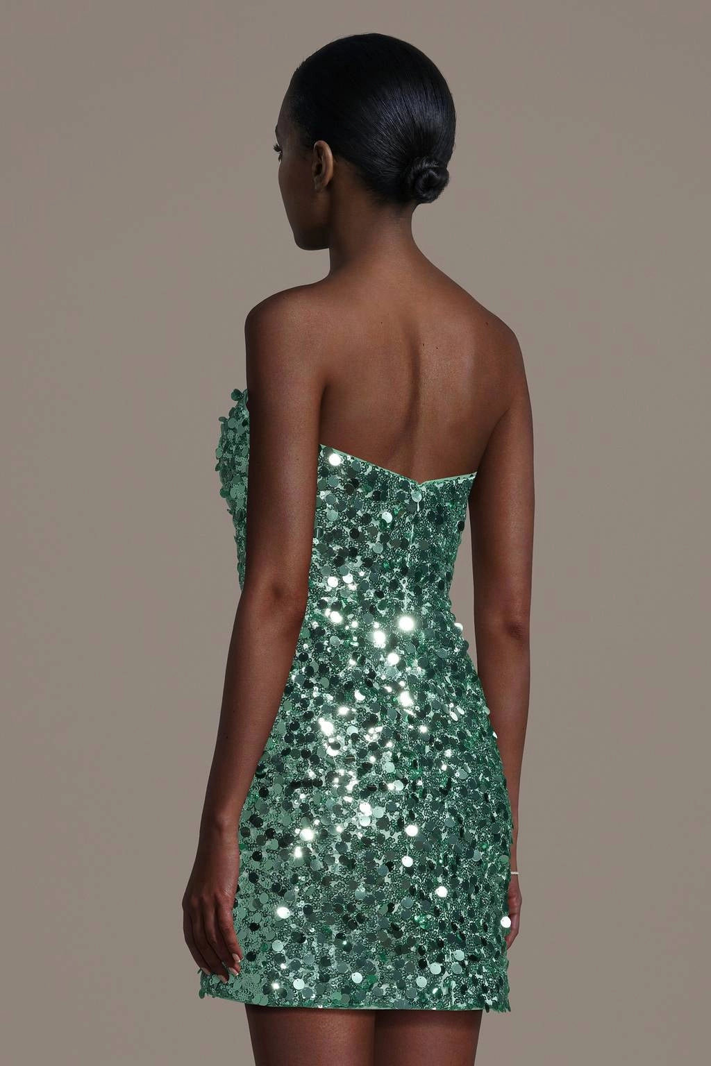 Roselle Dress emerald sequin strapless deep v back bodycon mini dress back view