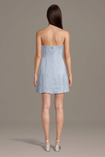 Vedress Dusty Blue Satin Strapless Zip Back Mini Dress Back View