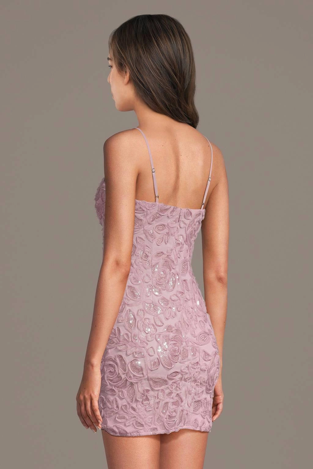 Vedress dusty pink 3d floral sequin zip back mini homecoming dress back view
