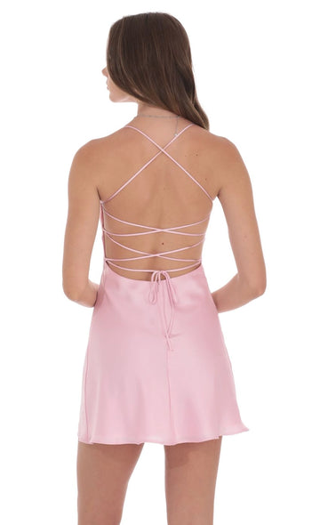 Vedress crisscross lace up open back pink satin homecoming mini dress back view